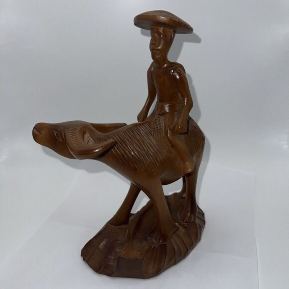 Carved‎ Wood Farmer Man Ride On Carabao Water Buffalo Statue Sculpture - Picture 1 of 16